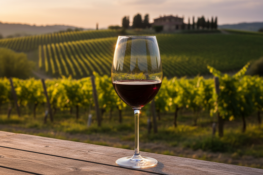 Calice di vino rosso con sfondo di vigne al tramonto - EnoMood