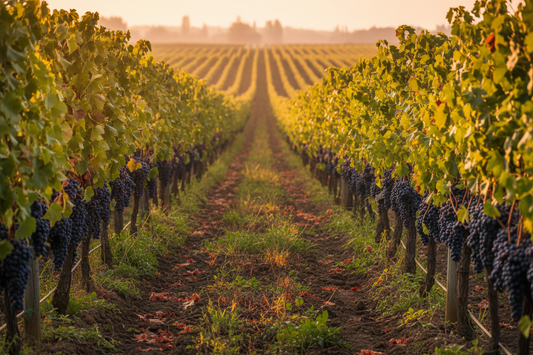 Bottiglia di vino biologico con vigneto naturale sullo sfondo - selezione EnoMood vini bio e biodinamici